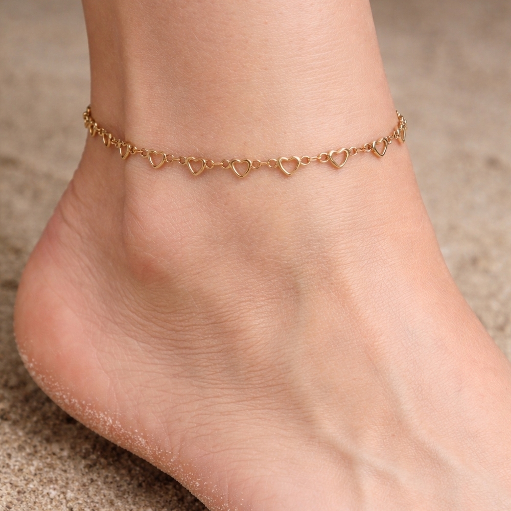 Heart Anklet Ankle Bracelet Adjustable 9” + 2”  Extender 18K Gold Plated Dainty - Picture 2 of 4
